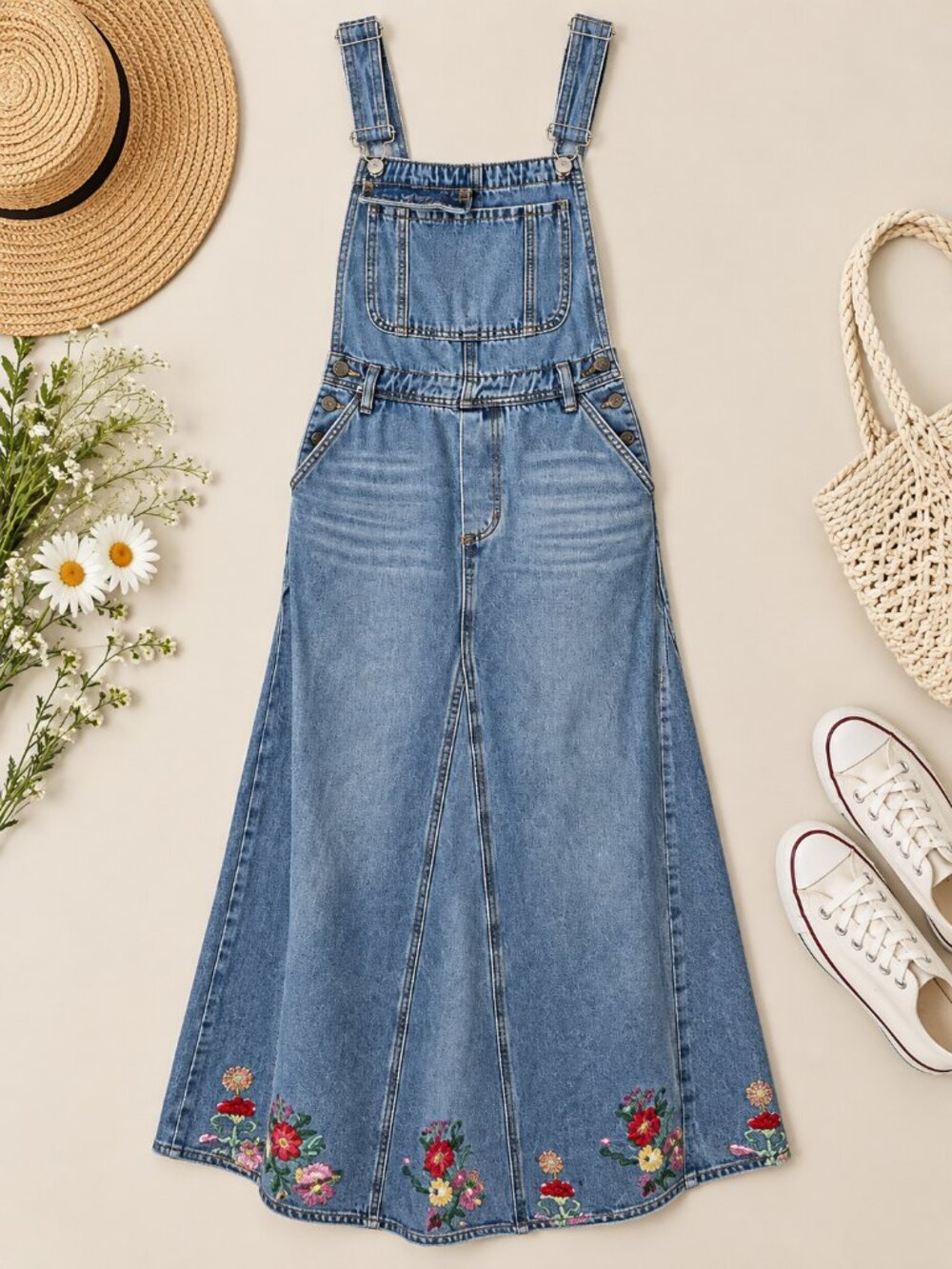 Floral Embroidered Denim Overall Maxi Dress Skirt Size S